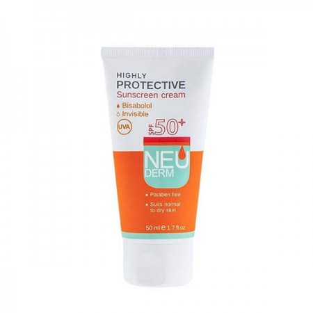کرم ضد آفتاب بی رنگ نئودرم مناسب پوست معمولی و خشک SPF +50