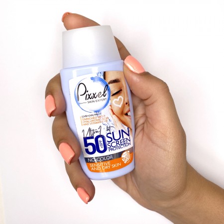 کرم ضد آفتاب بی رنگ پیکسل SPF +50 مناسب پوست خشک تا نرمال و حساس