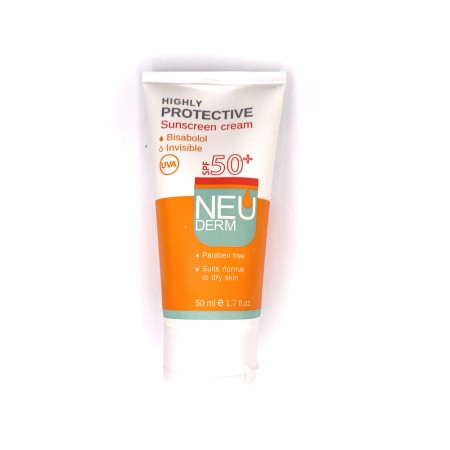 کرم ضد آفتاب بی رنگ نئودرم مناسب پوست معمولی و خشک SPF +50